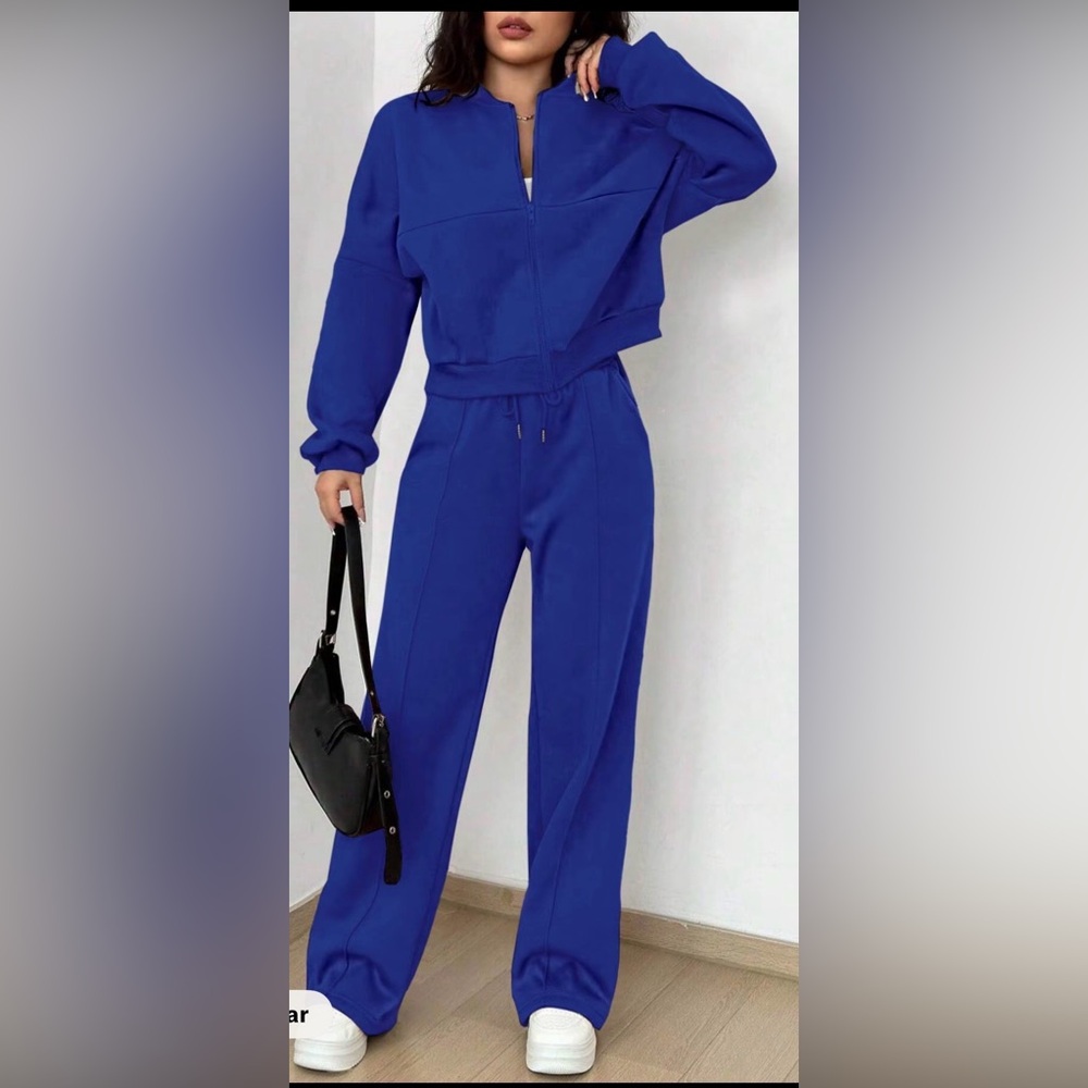 Woman’s Casual Royal Blue Striped Long Sleeve Zipper Jacket and Pants Set